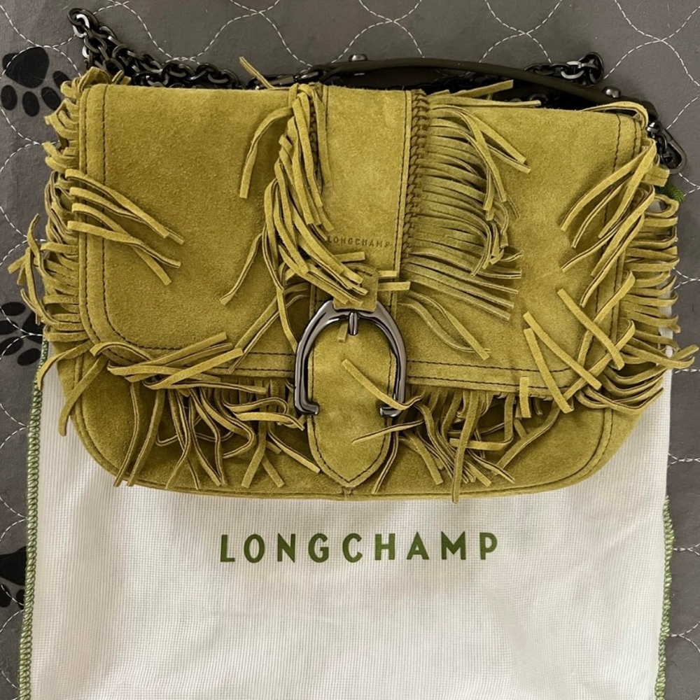NWOT Longchamp Green Suede Fringe Bag